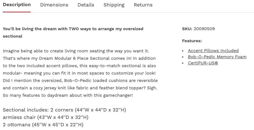 Bob’s Dream Navy Modular Sectional PDP screenshot (detail)