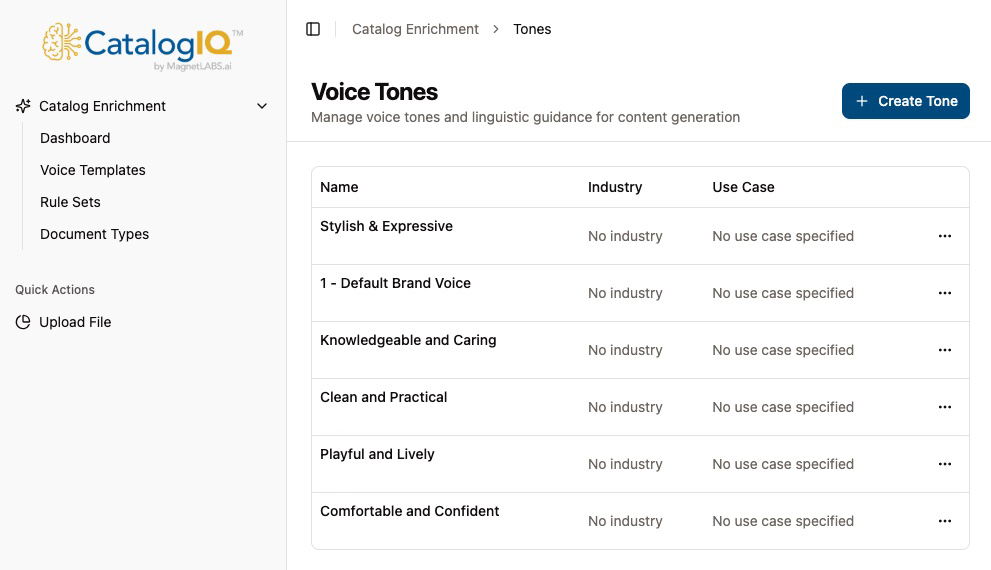 CatalogIQ Voice Tones dashboard showing configurable voice templates